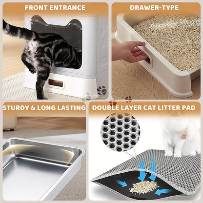 Enclosed Cat Litter Box with Lid Top Exit Covered Metal Stainless Steel Litter Box Leak Proof & Odorless Easy to Clean Including Cat Litter Scoop and Litter Mat