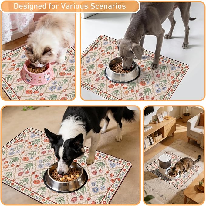 Dog Bowl Mat for Food and Water - Hamdwerk Absorbent Anti Slip Cat Feeding Mats for Floors, Quick Dry Pet Dog Feeding Matts, Diatomite Pet Dish Placemat Supplies, Vintage Floral Style, 16 * 240in
