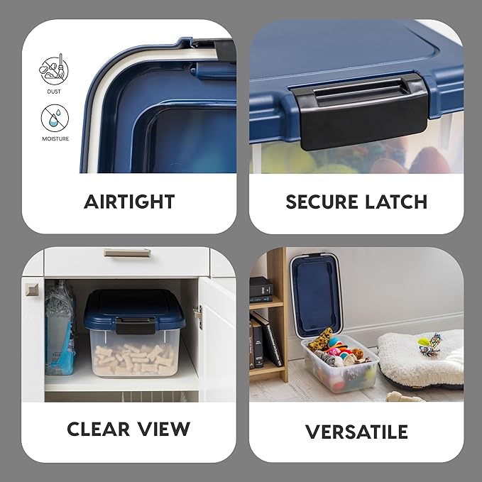 IRIS USA Airtight Dog Food Storage Container, Up to 14 lbs, Dog Cat Bird and Other Pet Food Treats Storage Bin, Dog Cat Wet Food Cans, Keep Fresh, BPA Free, Stackable, Navy