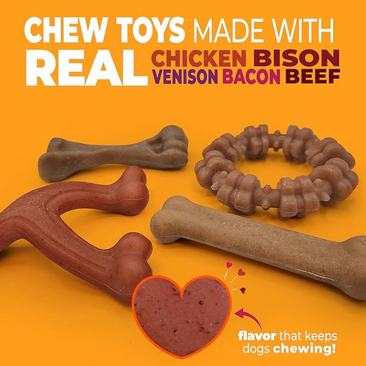 Nylabone Strong Chew Dog Toy 4-Pack Made with Real Bacon, Bison, Venison, Beef, & Chicken, Durable Chew Toys for Aggressive Chewers, Long Lasting Dog Bone, Small Breeds - Up to 25 lbs, 4 Count