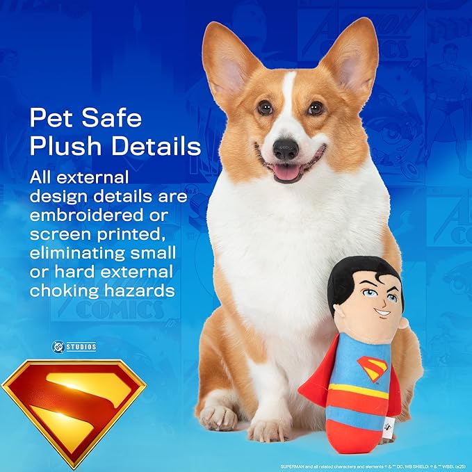 DC Comics Superman 8” Plush S-Shield Toy for Dogs with Squeaker, Inspired by The Film, Officially Licensed DC Super Heroes Pet Product
