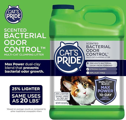 Cat's Pride Max Power: Bacterial Odor Control - Up to 10 Days of Powerful Odor Control - Strong Clumping - 99% Dust Free - Multi-Cat Litter, Scented, 15 Pounds (Pack of 2)