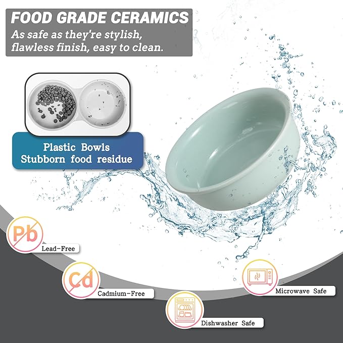 Ceramic Elevated Dog Bowl Set - Double Dog Food and Water Bowls with Metal Stand - Raised Pet Dishes for Puppies and Cats - 1 Cup - 13.5 fl oz - Green