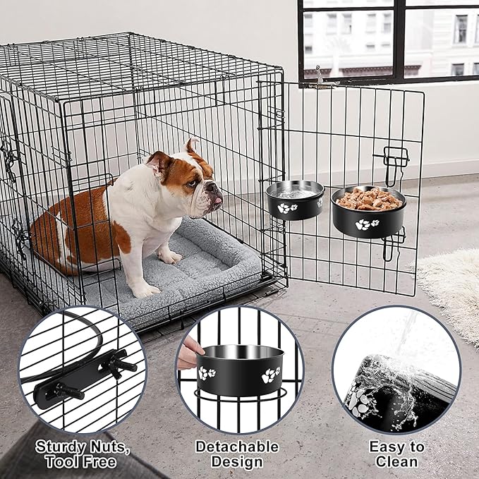Kennel Water Bowl Hanging, ShineMe 2 Pack Stainless Steel Food and Water Bowl for Dog Cage, Crate, Kennel Bowls Mountable for Medium and Small Dogs, Cats, Pets (6.2x2.6” & 5.5x2.4”)