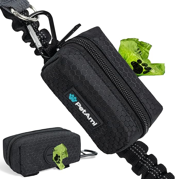 PetAmi Dog Poop Bag Holder & Waste Bag Dispenser with Clip-On Pouch Includes 1 Roll of Pet Waste Bags Portable Dog Walking Accessories for Leash, Belt or Backpack, Black