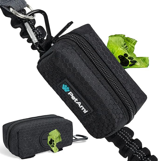 PetAmi Dog Poop Bag Holder & Waste Bag Dispenser with Clip-On Pouch Includes 1 Roll of Pet Waste Bags Portable Dog Walking Accessories for Leash, Belt or Backpack, Black