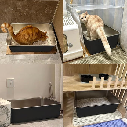 Stainless Steel Cat Litter Box - Metal Medium to Large High Sided Litter Pan Tray, Easy to Clean No Stick No Smell Litter Box Toilet for Indoor Kitty, Kitten (Black, 17.7" x13.8" x6")