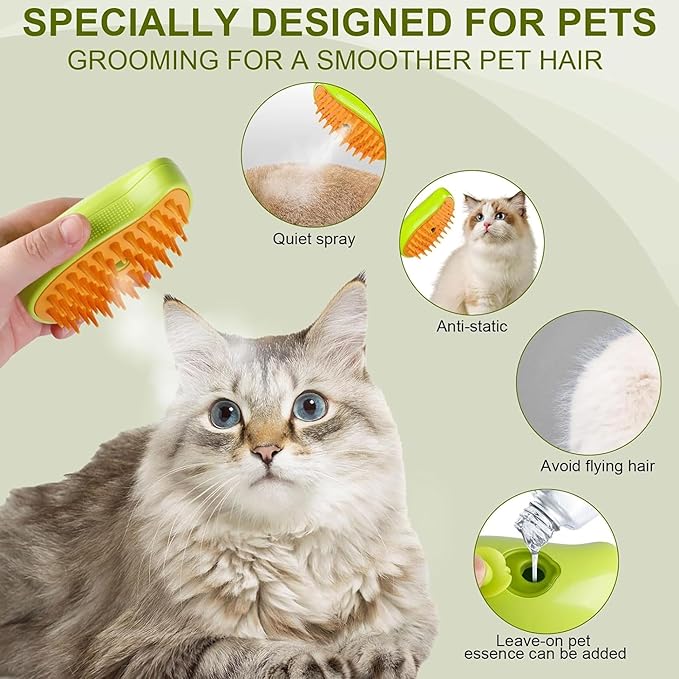 Cat Steam Brush 3 in 1, Silicone Massage Grooming & Pet Hair Remover, Spritz Defur Comb for Cats Dogs, Steamy Brush, Misting Pets Grooming Comb, Pet Hair Brushes Indoor Steamer by ALQMIA (Yellow)