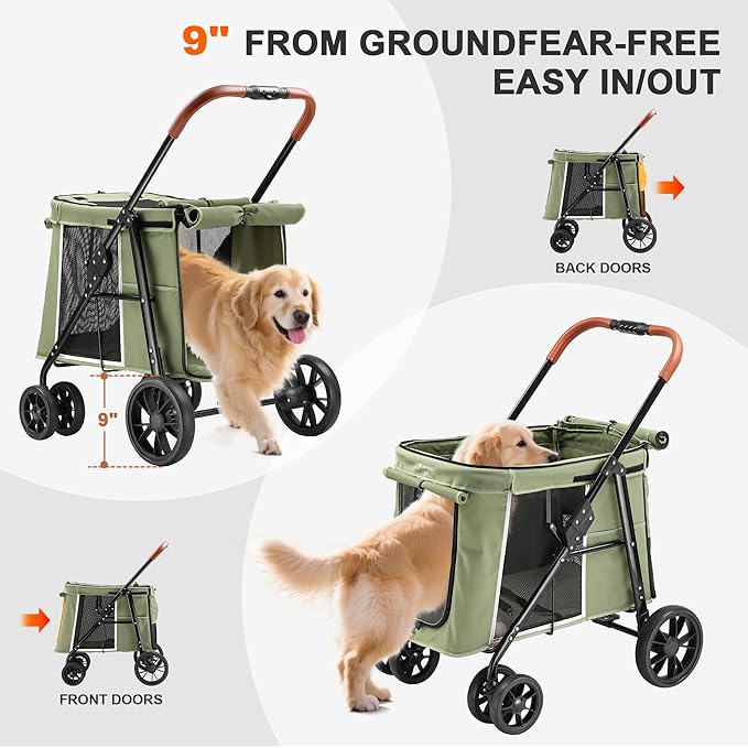 Medium Dog Stroller, Dual Entry One-Touch Folding,Small and Medium Pet Stroller,360° Rotating Front Wheels,80 lbs Weight Capacity for Outdoor Travel and Elderly Dogs - Green