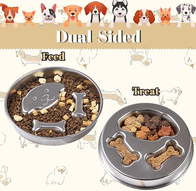2-Cup Dual Sided Slow Feeder Dog Bowl - Stainless Steel Bowl for Small Medium Puppies, Food-Grade, Dishwasher Safe, Slow Eating for Healthy Pet Digestion