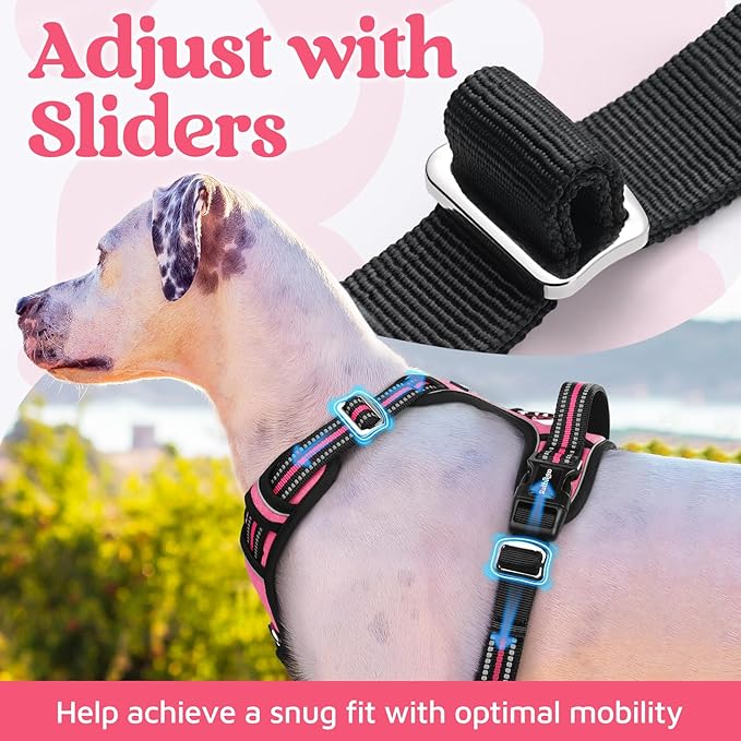 rabbitgoo Dog Harness for Large Dogs, No Pull Pet Vest with 3 Buckles, Adjustable Soft Padded Pet Harness with Easy Control Handle and Reflective Strips, Pink, L