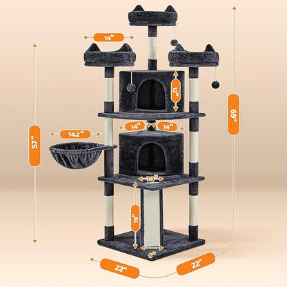 Yaheetech 68.5in Cat Tree for Large Cats, Multi-Level Cat Tower with 3 Wide Perches, Large Condo, Stable Pet Play House w/Sisal-Covered Scratching Posts & Board, Black