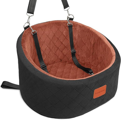 Lealchum Dog Car Seat for Small Dogs Up to 30 Lbs,Ultra Soft Fabric Fill in Comfy Memory Foam,Happy Pet Ride,2 Safety Dog Leashes,Fully Detachable and Washable,Anti Slip Base (Black/Brown, Small)