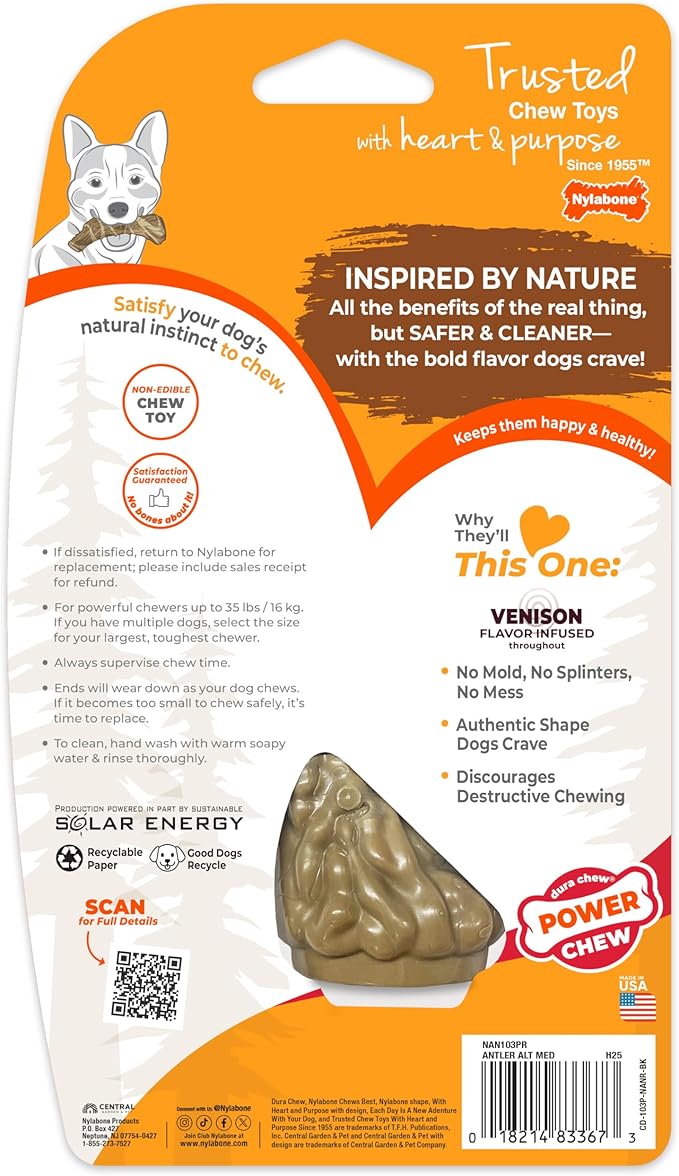 Nylabone Power Chew Antler Alternative Nylon Chew Toy for Dogs, Dog Toys for Aggressive Chewers, Venison Flavor, Medium/Wolf (1 Count)