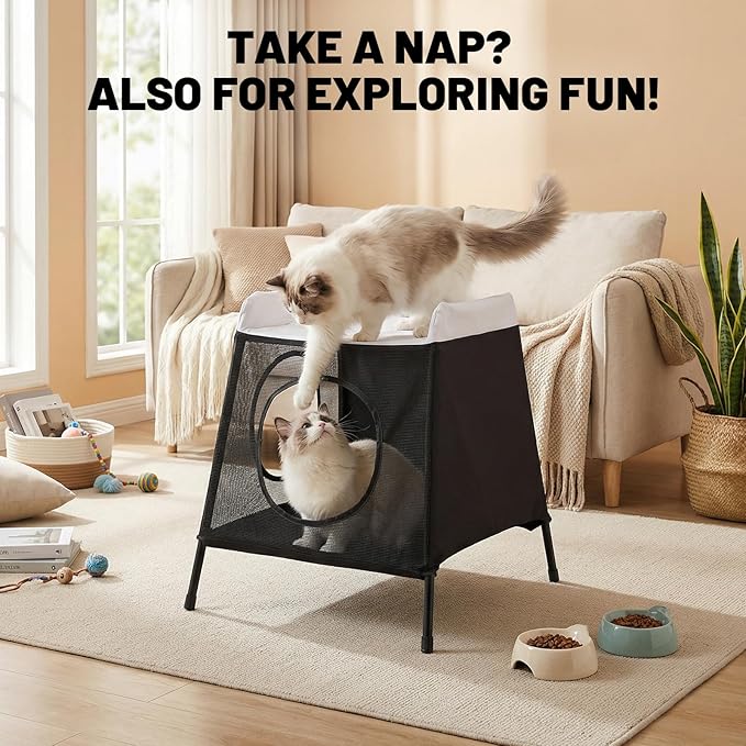 Elevated Cat Bed with Cat Hammock, 2-Story Indoor Cat House with Cave & Washable Cover, Multi-Cat Furniture