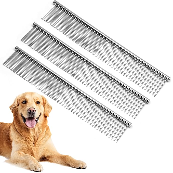 Biaungdo 3 Pcs Dog Grooming Combs Set, Metal Dog Comb for Removing Tangles and Knot, Cat Brush Grooming Tool for Long Haired Pets(7.48 x 1.57 inch)
