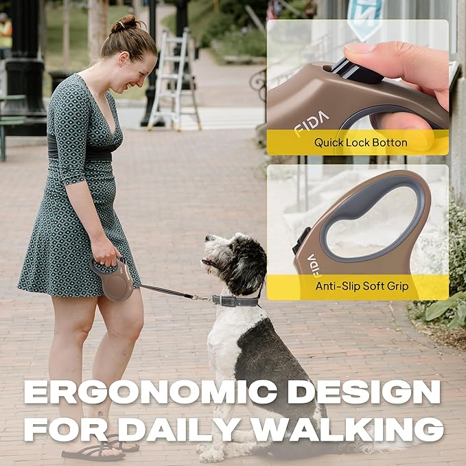 Fida Retractable Dog Leash, 16 ft Dog Walking Leash for Small and Medium Dogs up to 44lbs, 360° Tangle Free, Coffee/Brown