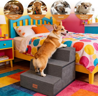 Dog Stairs for Small Dogs, 13.5" H, 3-Step Pet Steps for Couch Sofa and Chair, Non-Slip Balanced Pet Ramp for Medium Cats,Indoor Dog Ladder, Grey