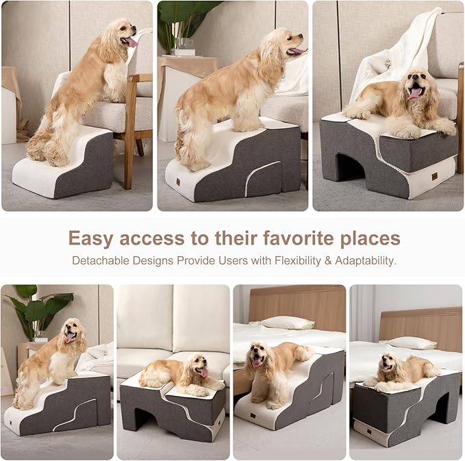 Dog Stairs for Couch Sofa and Chair with Tunnel, 3-Step Dog Steps for Small Dogs and Cats, Non-Slip Indoor Pet Step, Beige