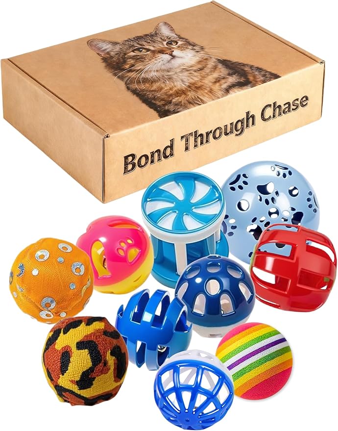 10 Cat Toys Bells Balls Assorted Designs Indoor Play for Kitten and Adult Cats Safe Durable for Chasing Hunting Chewing (1.5'' - 2.2'')