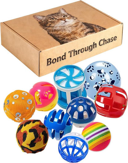 10 Cat Toys Bells Balls Assorted Designs Indoor Play for Kitten and Adult Cats Safe Durable for Chasing Hunting Chewing (1.5'' - 2.2'')