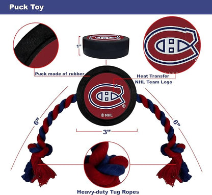 Pets First Dog Rubber Toy with Heavy-Duty Rope Tug. NHL Montreal Canadiens Puck Toy for Dogs & Cats. Play Hockey with Your Pet!