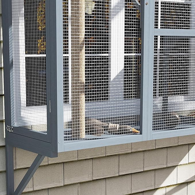 PawHut Outdoor Catio, Cat Window Catio Box Enclosure for 2-3 Large Indoor Cats with 2 Jumping Platforms, Scratching Post, for Playing, Sunbathing, Napping, Cat Window Perch for Enjoying Sights, Gray
