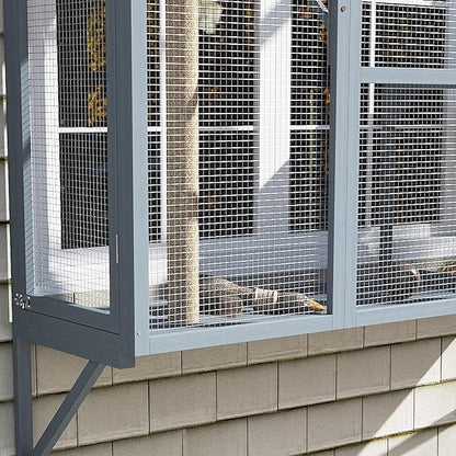 PawHut Outdoor Catio, Cat Window Catio Box Enclosure for 2-3 Large Indoor Cats with 2 Jumping Platforms, Scratching Post, for Playing, Sunbathing, Napping, Cat Window Perch for Enjoying Sights, Gray