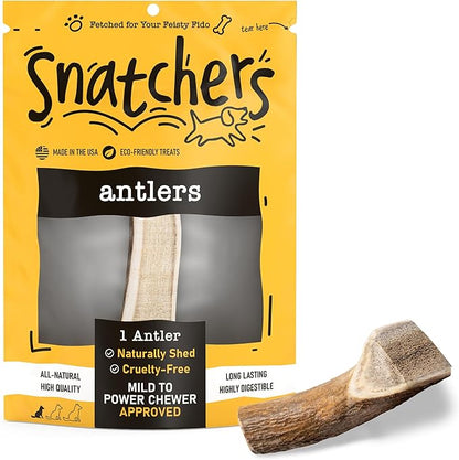 Snatchers Split Elk Antlers for Dogs – Long Lasting Dog Chews and Dog Toys for Aggressive Chewers, Naturally Shed Deer Antlers for Dogs Processed in The USA, No Additives (Small, 4-5", 1 Count)
