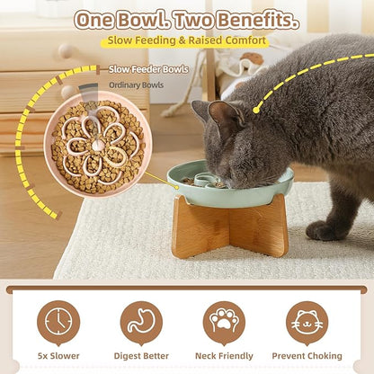 Elevated Slow Feeder Cat Bowl - Melamine Cat Dish with Anti-Slip Bamboo Stand - Whisker Friendly Feeding Bowl - Floral Maze Food Plate for Slow Eating - Green