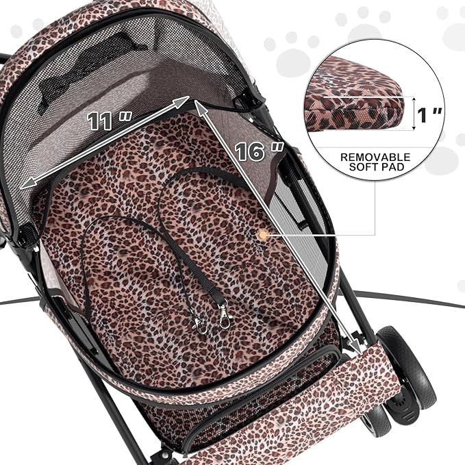 MoNiBloom 4 Wheels Pet Stroller, Easy-Fold Umbrella Shaped Dog Cat Jogger Stroller w/Storage Bag & Visible Mesh for Small/Medium Dogs Cats Leopard Print