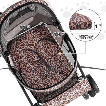MoNiBloom 4 Wheels Pet Stroller, Easy-Fold Umbrella Shaped Dog Cat Jogger Stroller w/Storage Bag & Visible Mesh for Small/Medium Dogs Cats Leopard Print