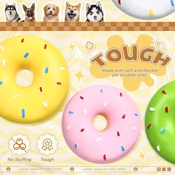 8 Pcs Latex Squeaky Dog Toys Donut Small Dogs Squeaky Chew Toys for Aggressive Chewers Soft Interactive Fetch Play No Stuffing Durable Teething Items for Small Puppy