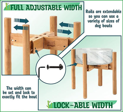 Dog Bowl Stand - Mid-Large Dogs Suitable - Elevate, Raise Bowl to 12-inch High - Adjustable, Fits Any Pet Food/Water Feeders, and Fountains - Durable Bamboo
