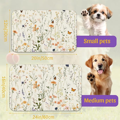 Vintage Wildflowers Herbs Pet Feeding Mat, Absorbent Bowl Pad, Quick Dry, Non-Slip Base, No Stains – 16x24 Inch