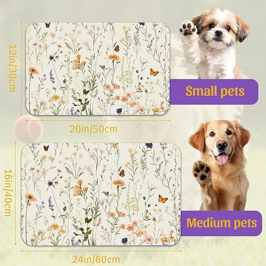 Vintage Wildflowers Herbs Pet Feeding Mat, Absorbent Bowl Pad, Quick Dry, Non-Slip Base, No Stains – 16x24 Inch