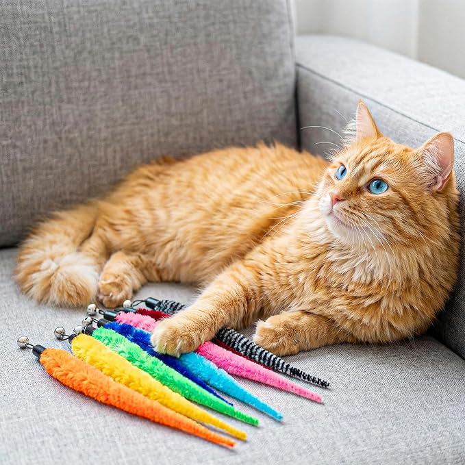 Cat Worm Toy, 10 Pcs Fuzzy Cat Wand Attachment Toys Accessories Funny Interactive Cats Feather Toy with 1 Pcs Black String for Indoor Cats Kittens Pets Toys