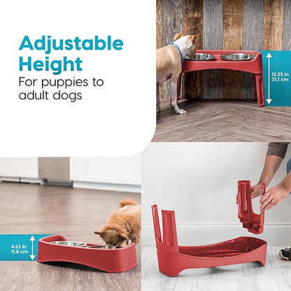 IRIS USA Adjustable Elevated Dog Bowls, Raised Feeder with 2 Stainless Steel 64 oz Bowls, Spill-Guard Rim, 12.25" or 4.63" Heights, Durable Plastic, Made in USA, Red