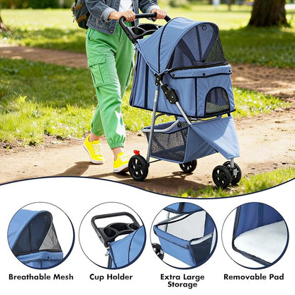 3 Wheel Pet Stroller for Dogs and Cats, Foldable, Lightweight and Durable, Ideal for Small to Medium Pets, Includes Storage Basket and Cup Holders