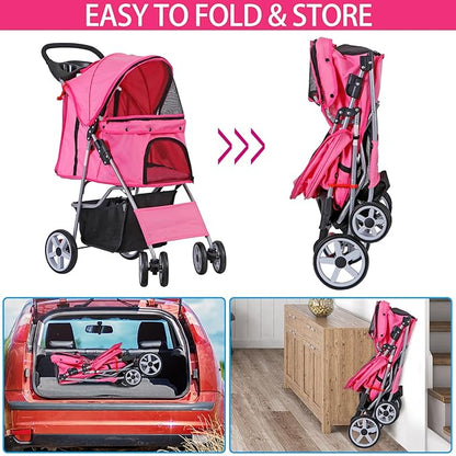 Pet Stroller 4 Wheels Dog Cat Stroller for Small Medium Dog Cats Carrier Jogger Travel Foldable Puppy with Storage Basket and Cup Holder (Pink)