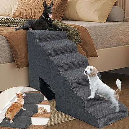 30 Inch Dog Stairs for High Bed, 6 Steps Memory Foam Pet Steps with 3 Ramps for Senior Dogs & Cats, Non-Slip Washable Pet Stairs for Couch Sofa Bed, Grey