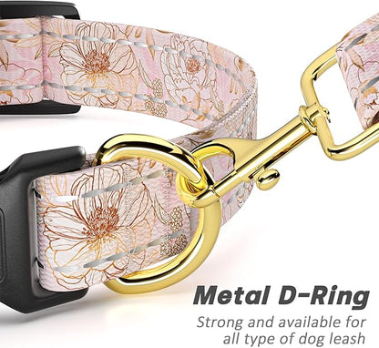 Reflective Dog Collar for Large Dogs, Cute Flower Theme Adjustable Heavy-Duty Nylon Puppy Collar for Boy and Girl Female, Soft Pet Accessories with Quick Release Buckle, Neck 16-24", Pink