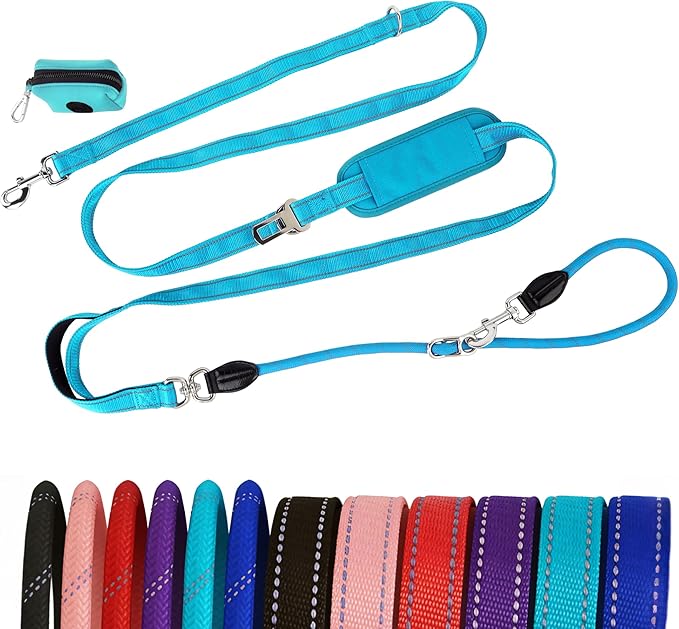 10FT Hands Free Dog Leash for Small Medium Large Dogs, Heavy Duty Reflective Dog Leash with Traffic Handle, Seat Belt Buckle & Poop Bag Holder (Blue)