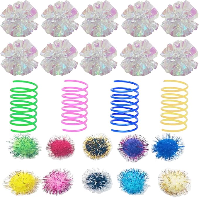 32 Pcs Crinkle Balls Cat Toy and Cat Spring Toy, 12 Pcs Mylar Crinkle Ball, 10 Pcs Cat Spiral Spring, 10Pcs Sparkle Balls Tinsel poms, for Cats Kittens Playing Interacting