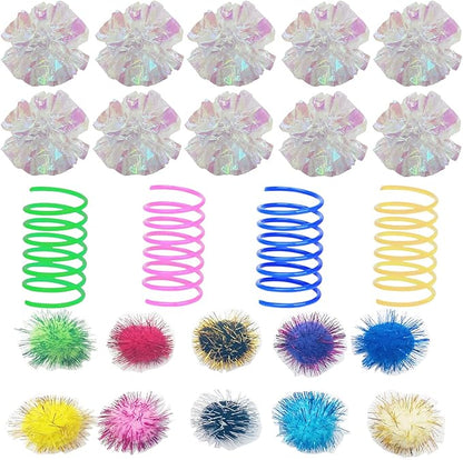 32 Pcs Crinkle Balls Cat Toy and Cat Spring Toy, 12 Pcs Mylar Crinkle Ball, 10 Pcs Cat Spiral Spring, 10Pcs Sparkle Balls Tinsel poms, for Cats Kittens Playing Interacting