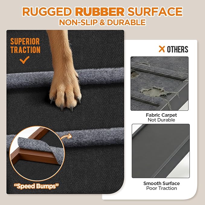 Dog Ramp for Bed, Extra Wide 17", Non-Slip Rubber Surface, Adjustable Folding Pet Ramps for Small & Large Dogs up to 200lbs, Walnut Wood Stairs for Old Dachshund/Labrador to Get on High Couch or Car