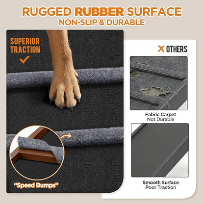 Dog Ramp for Bed, Extra Wide 17", Non-Slip Rubber Surface, Adjustable Folding Pet Ramps for Small & Large Dogs up to 200lbs, Walnut Wood Stairs for Old Dachshund/Labrador to Get on High Couch or Car