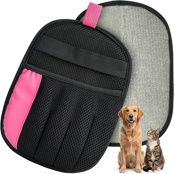 Pet Hair Remover Glove for Dog & Cat, Reusable Electrostatic Magic Brush, Five-Finger Hair Removal Mitt for Cleaning Clothing, Bed, Couch, Carpet, and Car Seat Pink