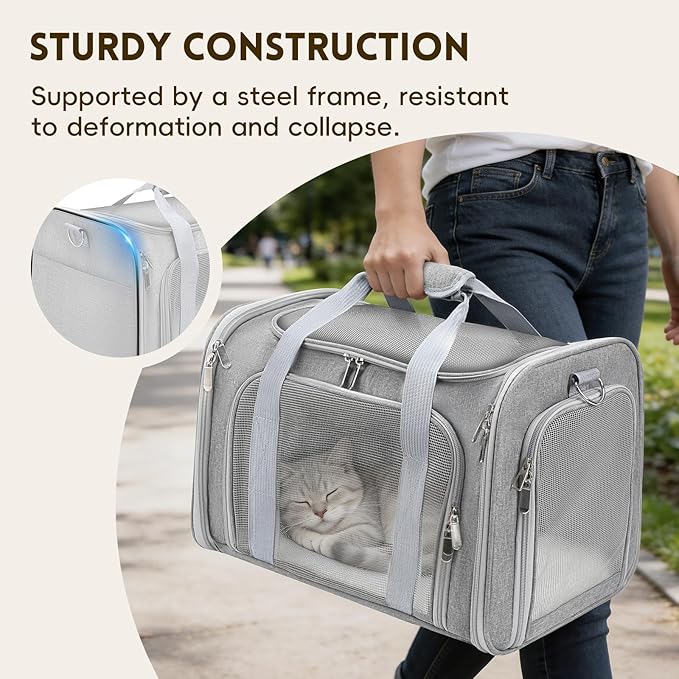 Cat Carrier Soft, Dog Carriers for Small Dogs/Large Cats (Up to 16lbs), with High Breathability, Shoulder Strap, Removable Pad, Pet Carrier Airline Approved, for Home Outdoor Travel (Gray)