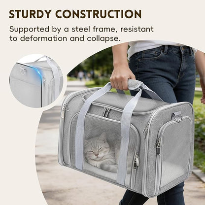 Cat Carrier Soft, Dog Carriers for Small Dogs/Large Cats (Up to 16lbs), with High Breathability, Shoulder Strap, Removable Pad, Pet Carrier Airline Approved, for Home Outdoor Travel (Gray)
